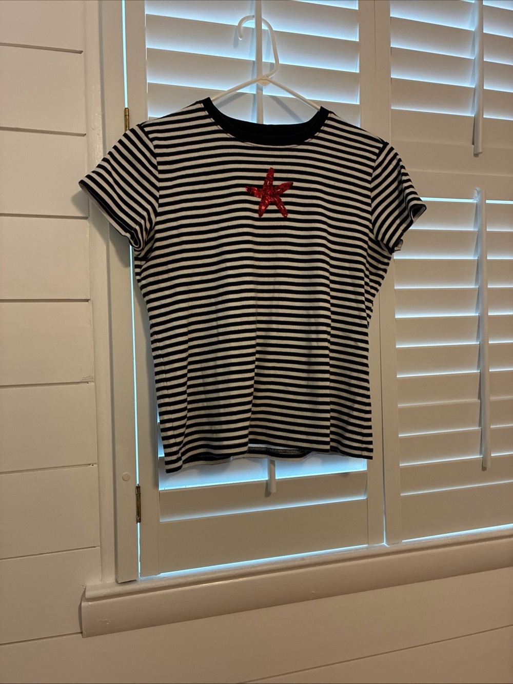 Talbots Navy and White Striped Tee with Red Sequined Starfish Petite Small